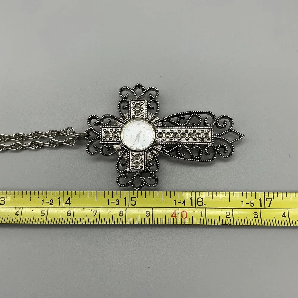 LA Express Womens Watch 44mm Cross Pendant Necklace Silver Tone New Battery